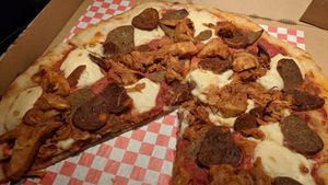 Vegan meat lover pizza at Lolly's Pantry in North Palm Beach