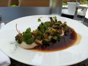Geschmorte Kräutersaitlinge - eine Insellandschaft mit Grün und Braun - wundervoll angerichtet... at La Clav in Flims