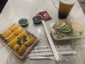 Gold veggie dragon roll and crab salad (with lychee vegan green tea)  at Mika Sushi in Scarborough