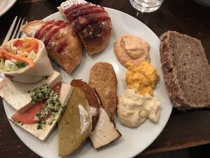 Brunch - Pancakes, veggieroll, Tempeh, Tofu, Seitan and tofumozarella with tomato, bread with different spreads at Viasko - Bar und Restaurant in Berlin