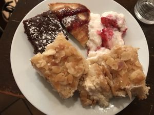 Brunch - all the sweets Pancake, chocolate cake, beestitch cake 😂, semolina pudding at Viasko - Bar und Restaurant in Berlin