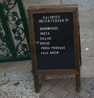 Placard for Galiatos. at Galioto's Delicatessen in New York City