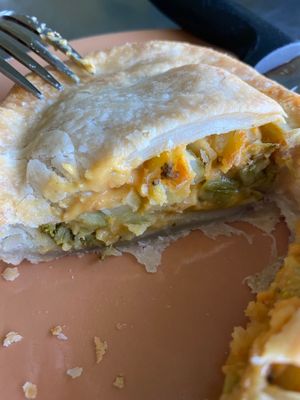 Flaky crust, Not’cho Cheeze & broccoli filling, hot & filling. The bean & potato pie is amazing too at The Corvallis Meat Pie Shop in Corvallis