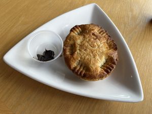 Impossible meat pie with a side of vegemite  at The Corvallis Meat Pie Shop in Corvallis