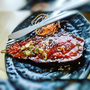 Grilled sweet miso glazed aubergine (Nasu Dengaku) at Bento Boss in Bristol