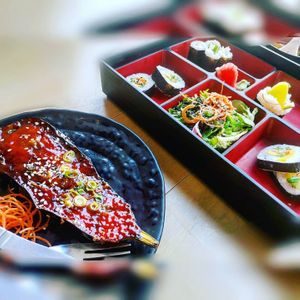 Vegan Futomaki (beside the heavenly grilled eggplant steak) at Bento Boss in Bristol