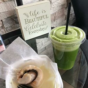 Vegan Cinnamon Roll & Hulk Juice at Sweet & Earthy in Dartmouth