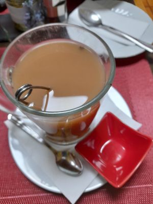 Half litre breakfast tea with almond milk at Paradies Naturkost in Vienna