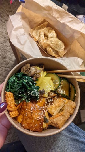 customized rice bowl with two different types of tofu; vegan mandu at Fat Baby in Aachen