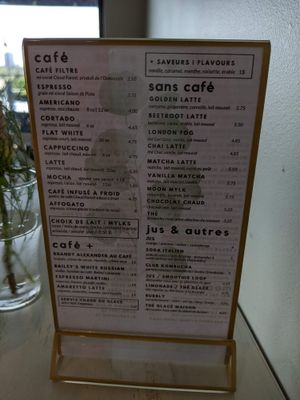 hot and cold drinks menu at Astoria Bistro Botanique in Gatineau