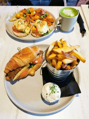 Croissant breakfast sandwich and Italian benedict at Astoria Bistro Botanique in Gatineau