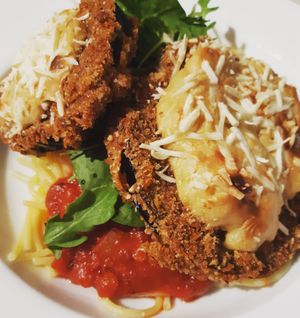 Eggplant parm. Vegan and gluten free at Nourish 2 Flourish in Edmonton
