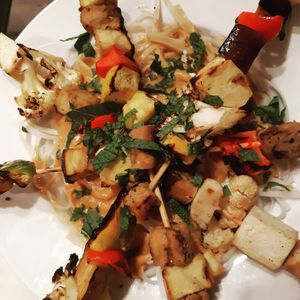 Spicy peanut noodle dish with grilled veg and tofu  at Nourish 2 Flourish in Edmonton