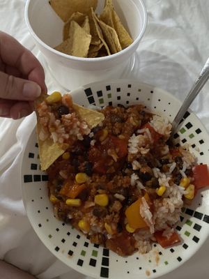 Chilli and chips (I added the rice) at Chillicon Valley in Puerto Escondido