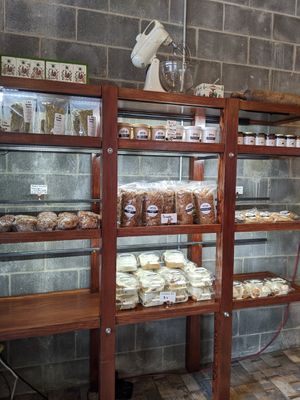 Baked goods, granola, Pat Greer's raw goodies & the terrifically tasty Texas sized cinnamon rolls! at Sinfull Bakery in Houston