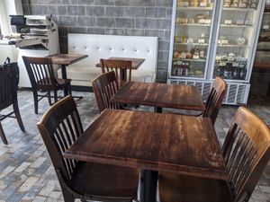 Socially distancing seating for when in shop dining reopens. at Sinfull Bakery in Houston