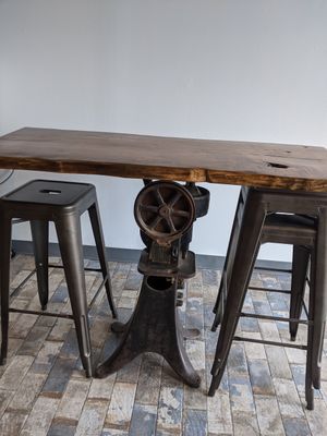 Repurposed antiques for counter seating. at Sinfull Bakery in Houston