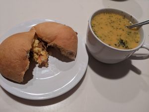 Soup & kolache plated at home. at Sinfull Bakery in Houston