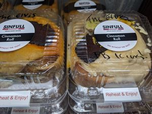 Those tasty Texas sized cinnamon rolls in Elvis flavor, peanut butter, banana, bacon - yes they're VEGAN! at Sinfull Bakery in Houston