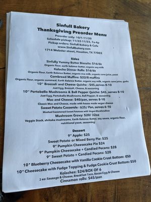 Thanksgiving preorder menu at Sinfull Bakery in Houston