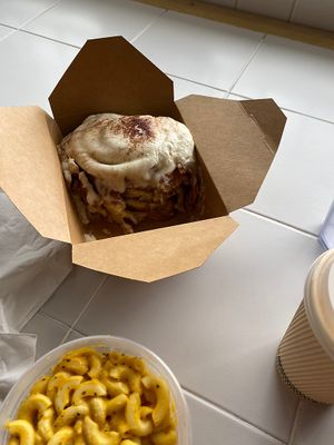 Cinnamon bun and Mac n cheese  at Sinfull Bakery in Houston