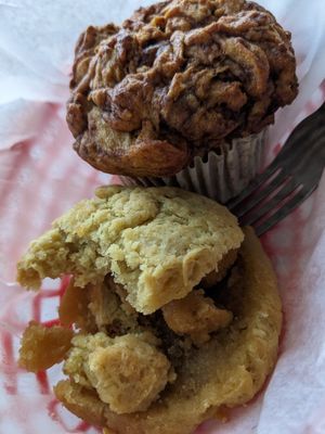 Breakfast biscuit sandwich, stuffed with seasoned tofu cubes, with monkey bread muffin at Sinfull Bakery in Houston