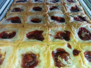 vegan delicious strawberry cream cheese kolaches fresh from the oven  at Sinfull Bakery in Houston