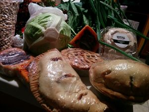 Strawberry cinnamon roll, blueberry pie, veggie pot pie, apple hand pie, sun dried tomatoes kolaches. Part of my Saturday morning Farmer's Market haul at Sinfull Bakery in Houston