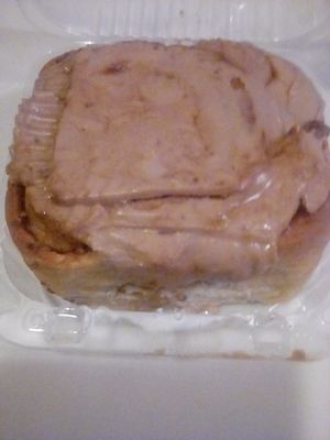 Turtle roll jumbo cinnamon roll with chocolate icing, topped with caramel. Special for VegFestHouston Houston 2019!  As delicious as it looks, the taste is Amazing! at Sinfull Bakery in Houston