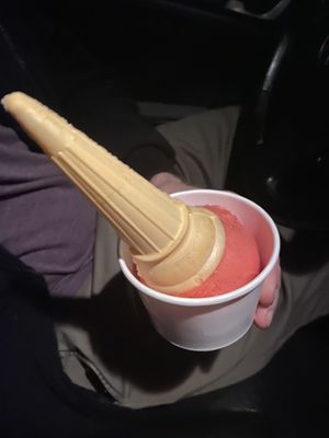 Vegan and gluten-free Strawberry sorbet on a gluten-free cane cone at Nice Cream in Del Mar