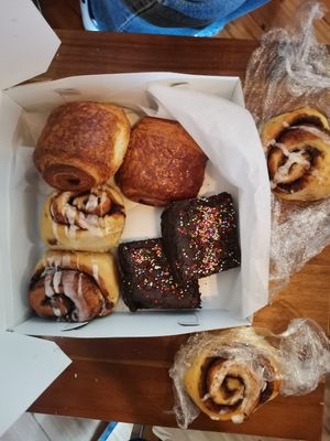 Cinnamon buns (fresh and lefotover), brownie, choclate croissant at Le Petit Monstre in Brooklyn