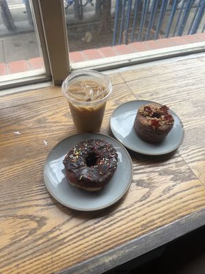 Chocolate doughnut, and PB & J cronut, iced oat vanilla latte   at Le Petit Monstre in Brooklyn