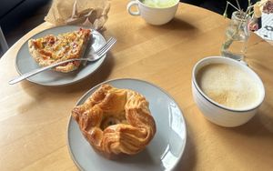 Quiche, Kouign Amann with banana and white chocolate filling  at Le Petit Monstre in Brooklyn