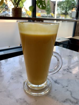 Vegan mango lassi at Shri Lakshmi Foods in East London