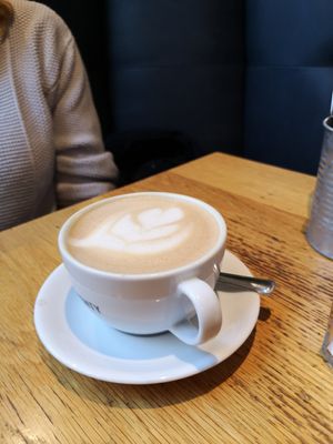 Oat milk latte £3.00. Hot and tasty. at Number 32 in Broadway