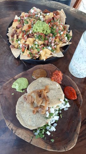 Nachos and mushroom gordita at Tapatia Vegan Tacos in Tulum