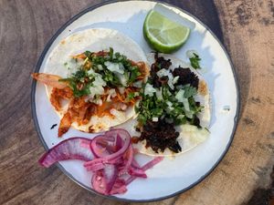 Cochinita and birria tacos at Tapatia Vegan Tacos in Tulum