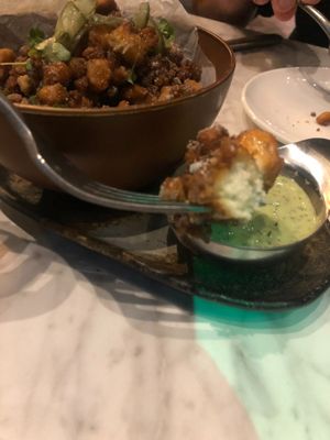 Popcorn tofu with the to-die-for dill sauce. at 4296 in Canmore