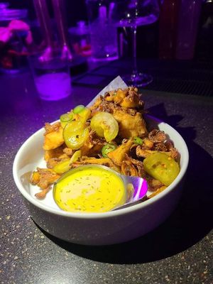 Chicken Fried Maitake mushrooms with honey dill sauce at 4296 in Canmore