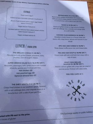 Lunch menu at The Old Garage in Camberwell