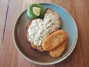 Scramble tofu with avo and hashbrowns at The Old Garage in Camberwell