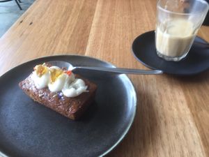 Vegan carrot cake with lemon icing at The Old Garage in Camberwell