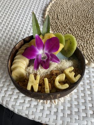 Mermaid bowl with blue spirulina  at Beach Coconuts Bowls - Bophut Koh Samui in Koh Samui