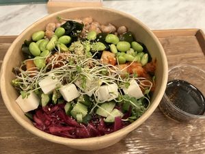 “Hakko” (fermented) salad bowl contains natto, kimchi, soy beans, kale, soy cheese, seaweed, etc.  at THE_B in Tokyo