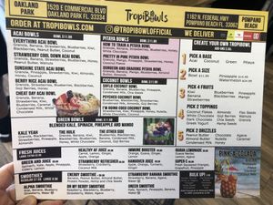Menu  at TropiBowls in Oakland Park