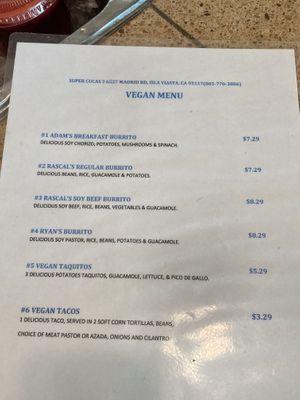 Vegan Menu  at Super Cuca's in Isla Vista