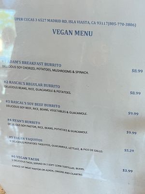 vegan menu  at Super Cuca's in Isla Vista