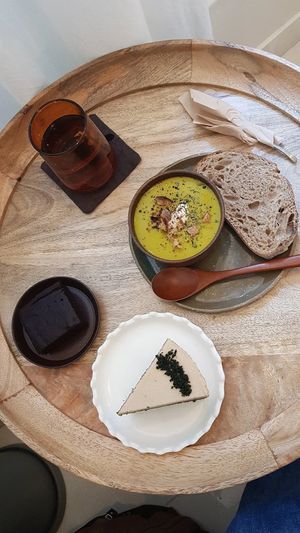 Tofu brownie, mugwort cake and soup of the day at LouLou Vegan in Jeju