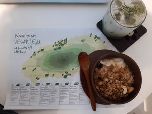 Homemade soy yogurt and Jeju vegan map at LouLou Vegan in Jeju