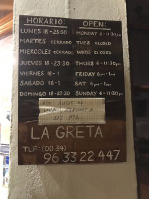 Opening hours Dec ‘23  at La Greta in Valencia